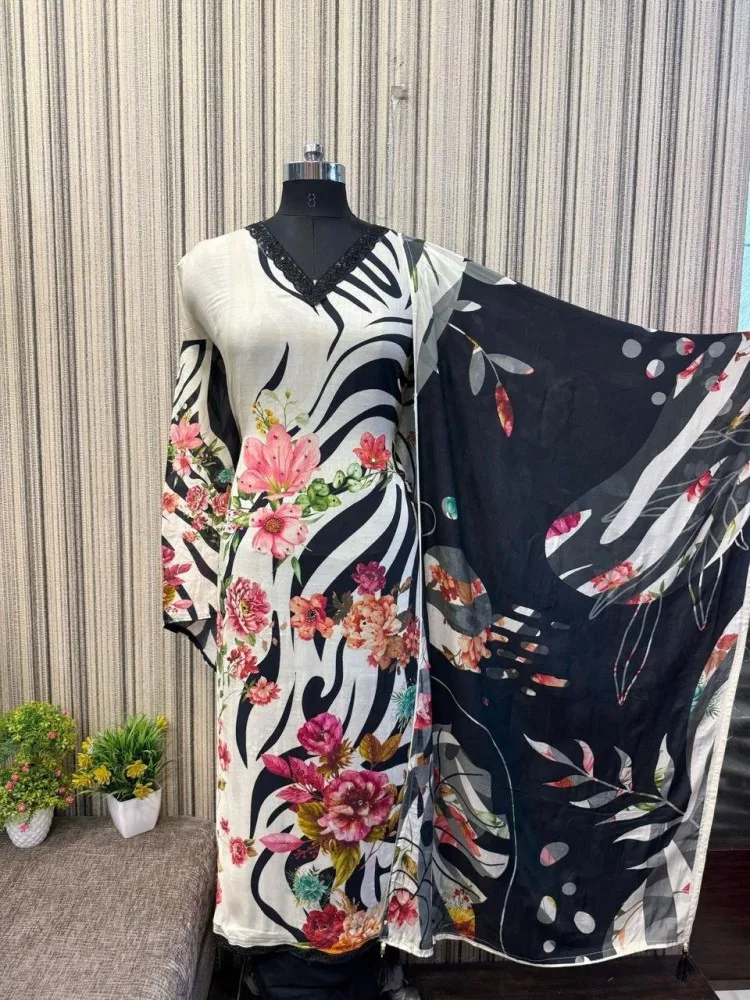 Black & White Floral Masleen Suit – Bold, Elegant & Breezy