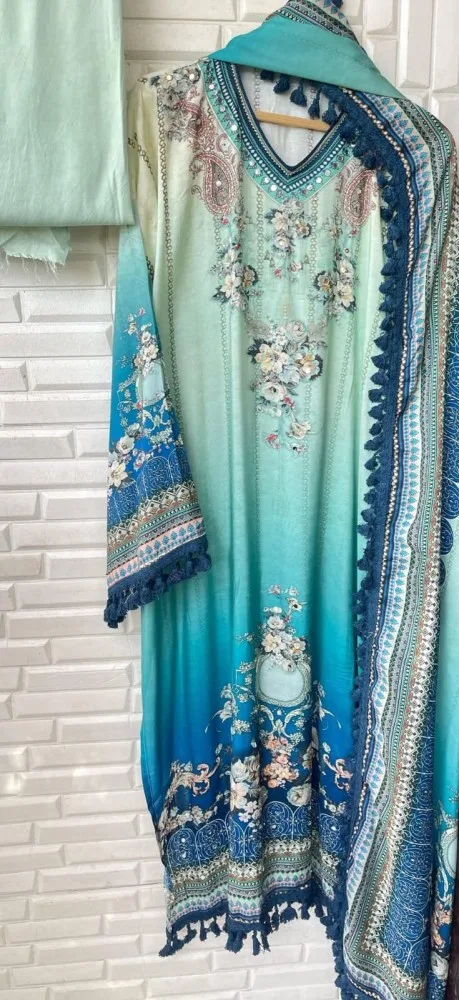 Elegant Ombre Mint & Royal Blue Digital Printed Unstitched Suit Set