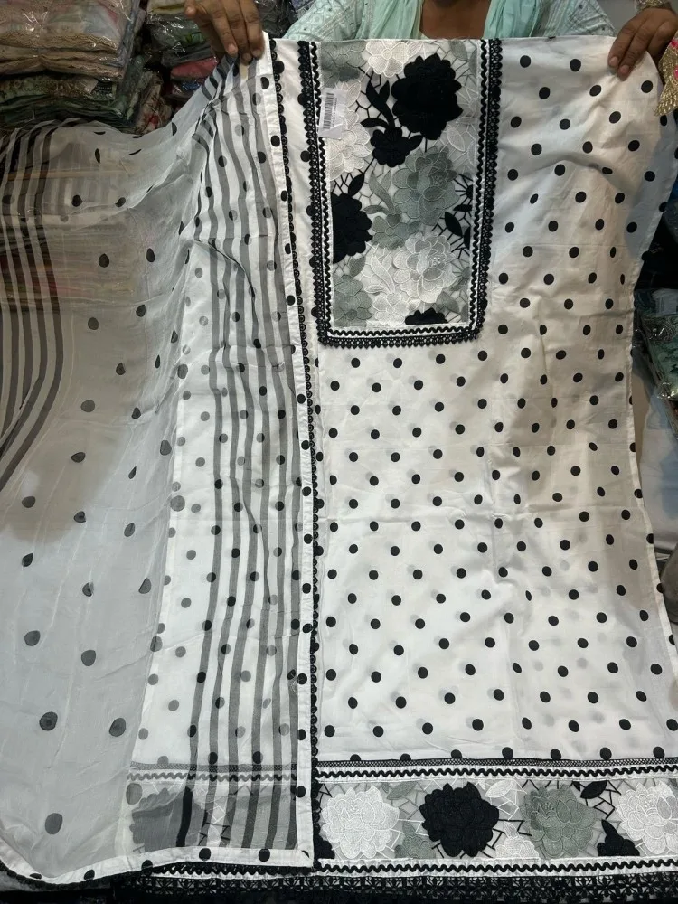 Black & White Polka Dot Floral Embroidered Unstitched Suit Set