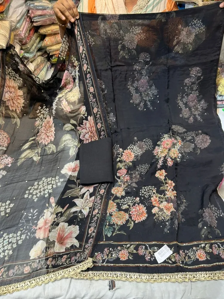 Elegant Black Floral Printed Unstitched Chiffon Suit Set with Lace Border