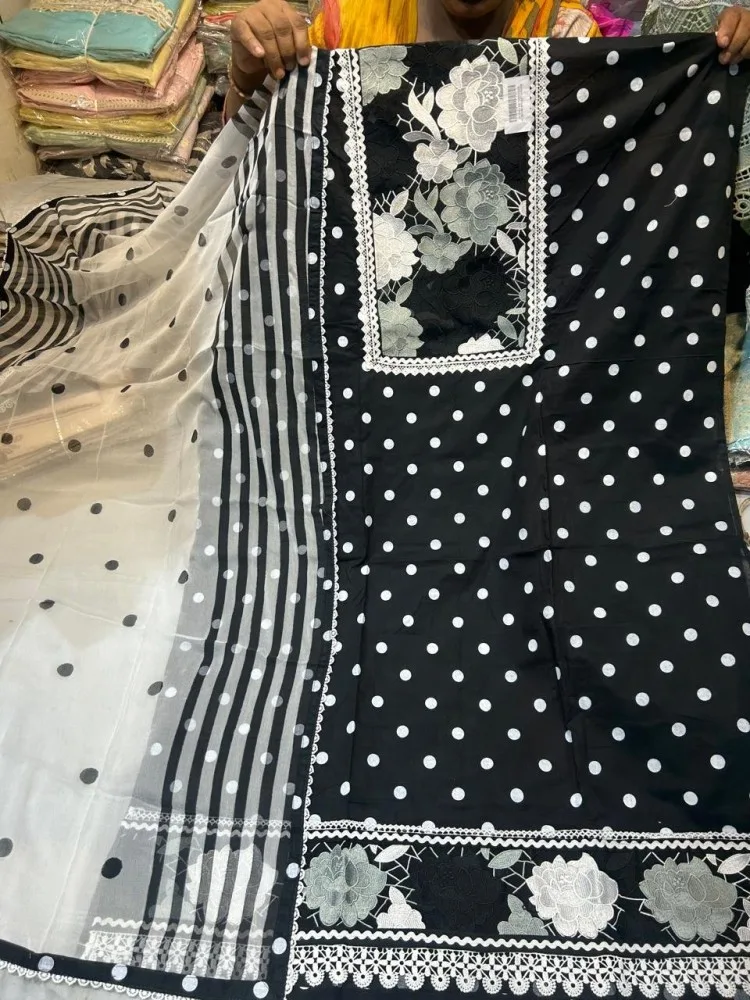 Elegant Black & White Polka Dot Kurti Set with Embroidered Floral Neck Panel – Unstitched Fabric
