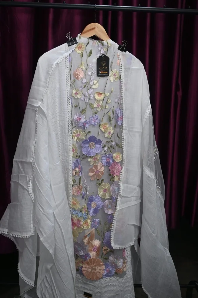 Pure Cotton Suit with Heavy Floral Thread Work, Organza-Cotton Dupatta with 4-Side Patti & Thread Work, and Rayon Cotton Bottom