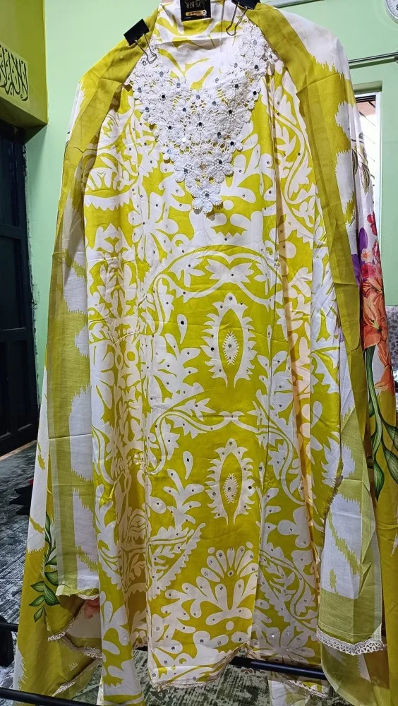 JAAM COTTON SATEN LEMON YELLOW UNSTITCHED 3 PEICE SUIT
