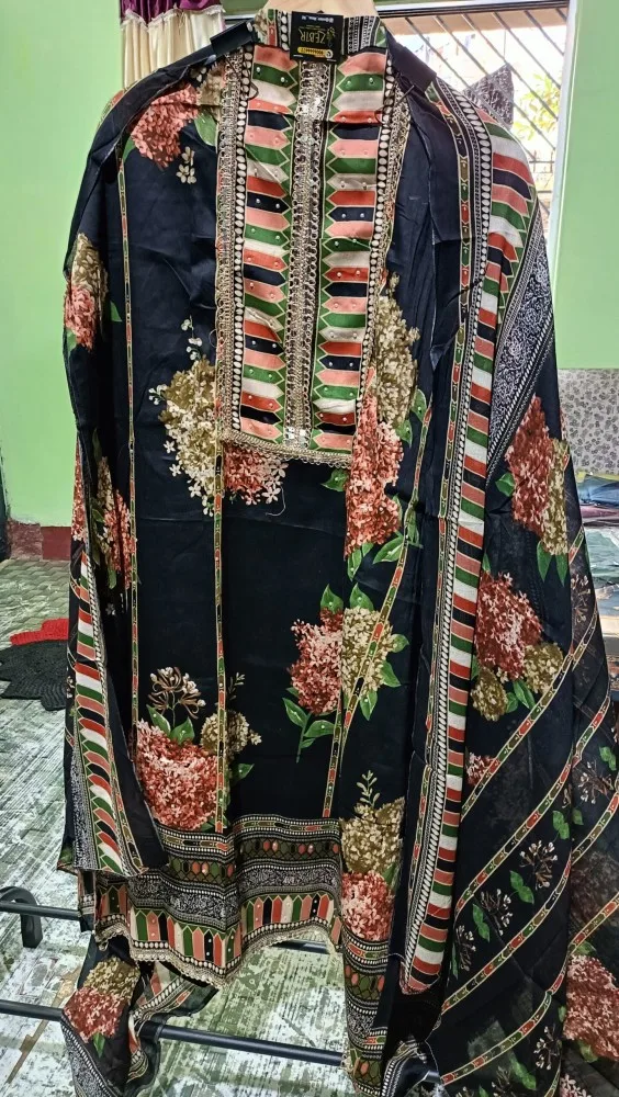 JAAM COTTON SATEN BLACK UNSTITCHED 3 PEICE SUIT