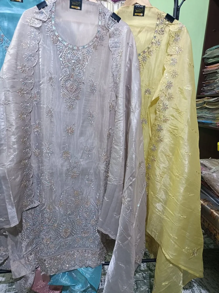 Luxury Semi-Stitched Suit: Crunchy Fabric with Heavy Pakistani Thread Work