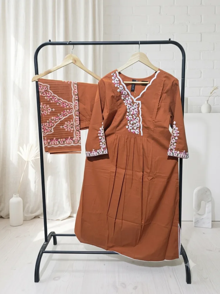 Women's Premium Pure Cotton 3-Piece A Line Frock Set with Printed Dupatta & Bottom | Floral Thread & Sequin Work | Rust Brown