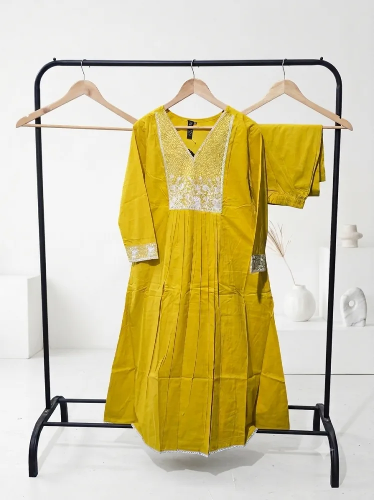 Elegant Yellow A Line Frock Suit Set with Thread Work & Printed Dupatta- ZEBIR LIBAS