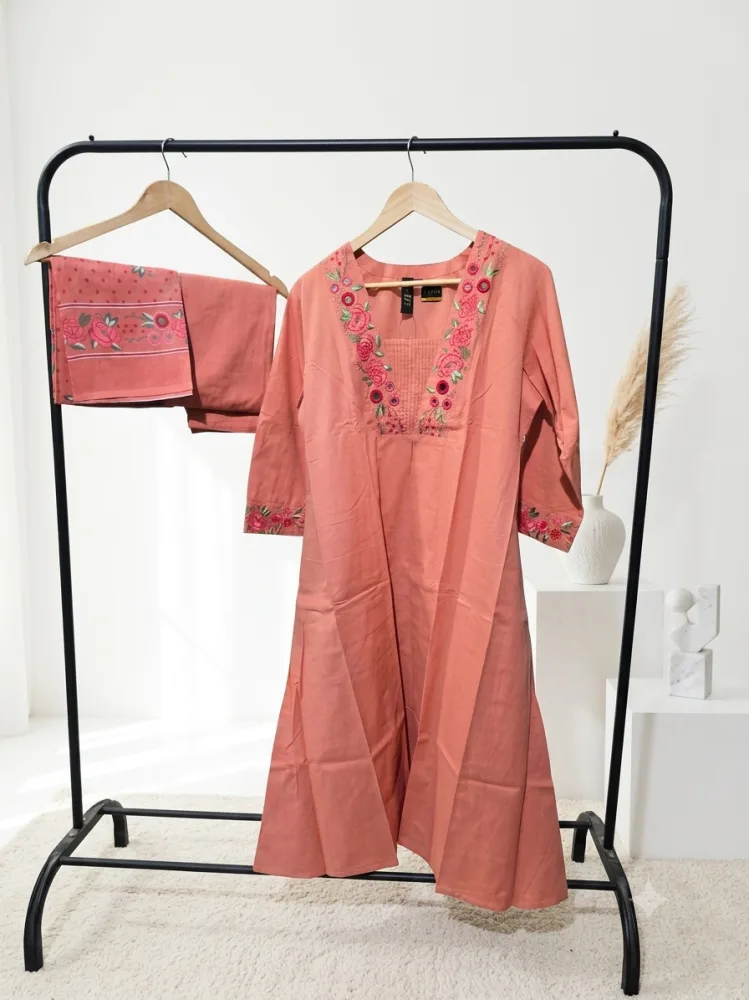 Premium Pure Cotton A-Line Frock Suit Set with Floral Thread & Mirror Work