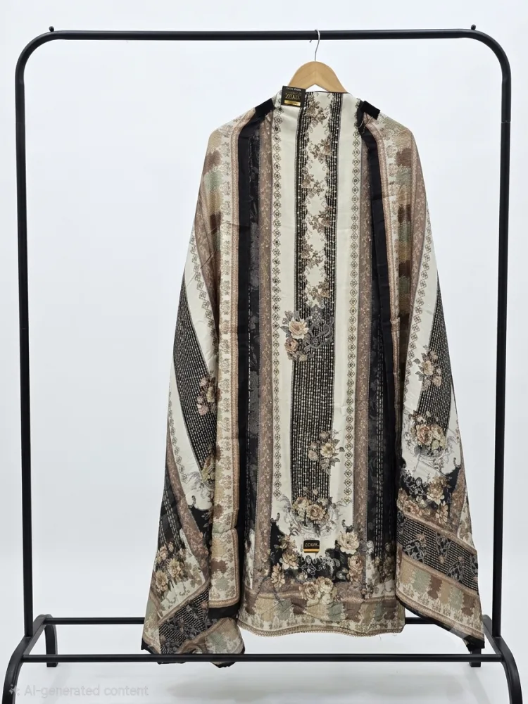 Premium Pure Viscose Muslin Designer Digital Print Unstitched Suit Set with Hand Work & Box Pallu Dupatta – Black & Beige Floral Collection