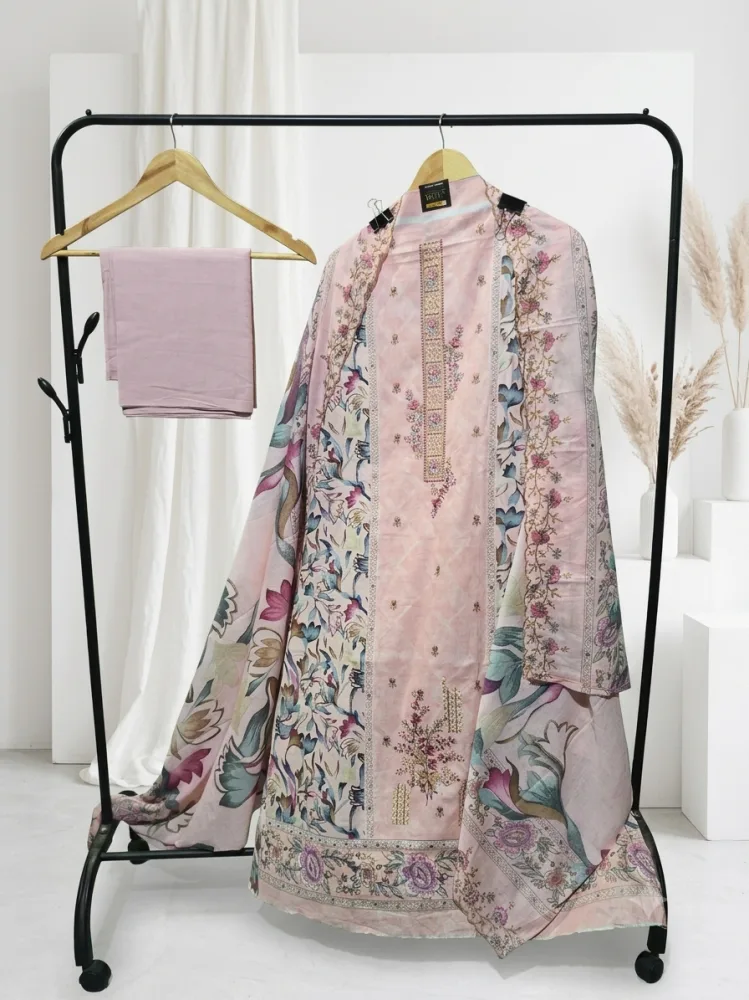 Premium Pastel Pink Designer Cotton Suit Set with Floral Printed Dupatta & Embroidery Work
