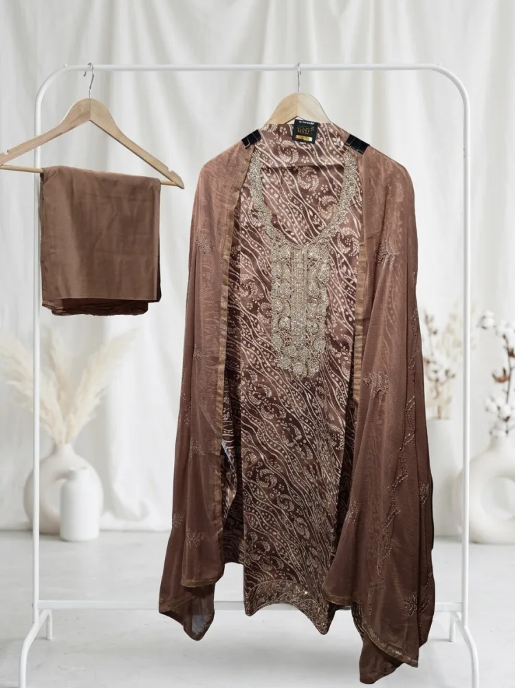 Premium Brown Glaze Cotton Designer Suit Set with Heavy Diamond & Thread Work