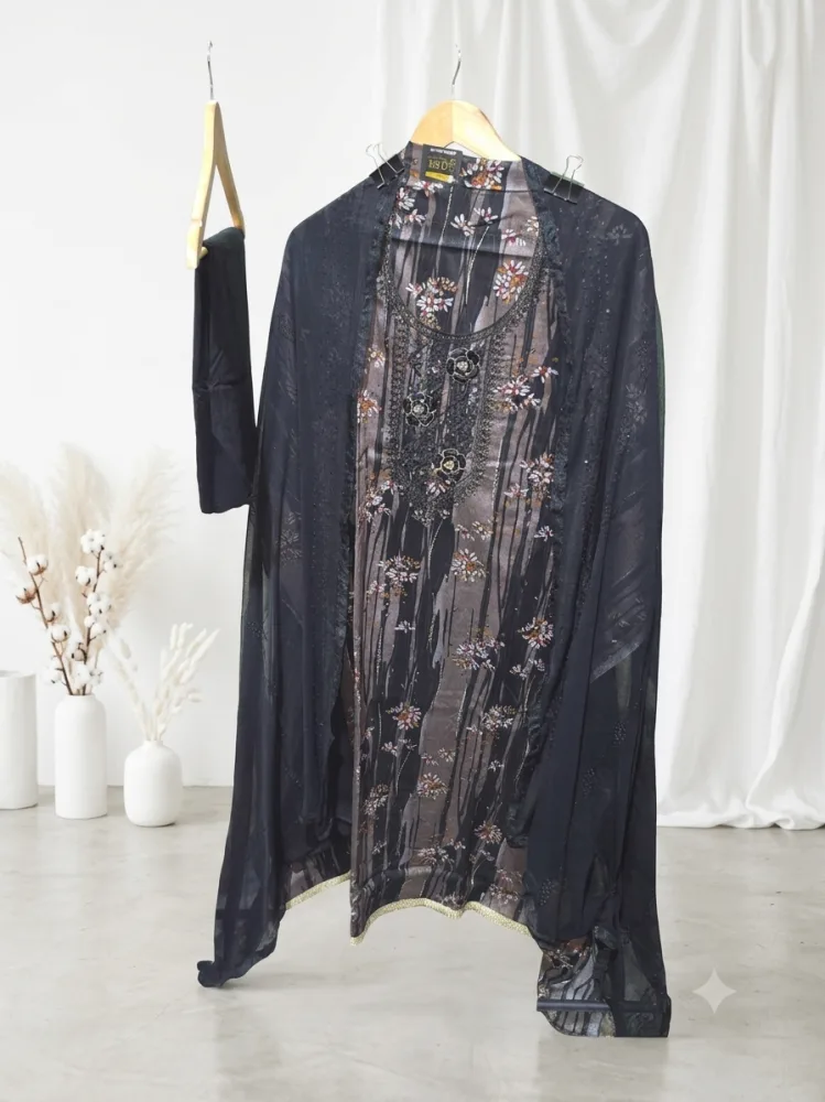 Premium Black Glaze Cotton Designer Suit Set with Neck Embroidery Work